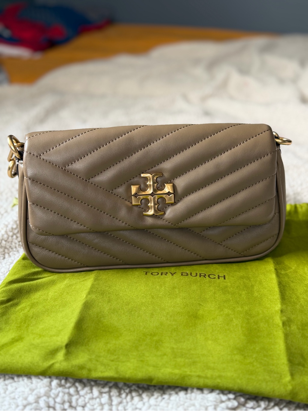 Tory Burch Taupe Quilted Shoulder Bag With Gold Logo